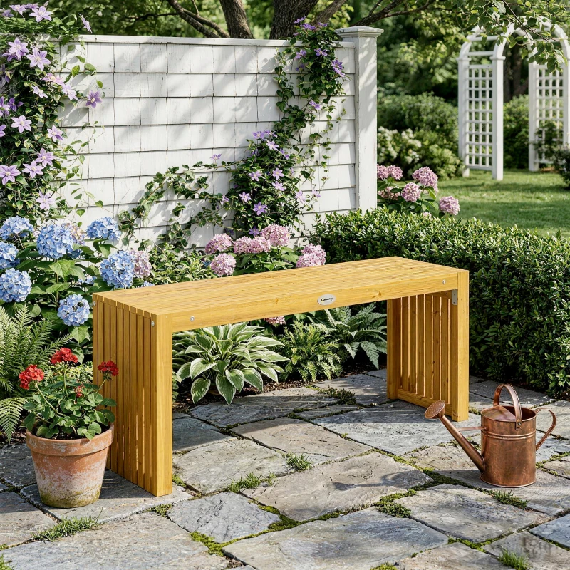Outsunny Banc de Jardin en Bois d'Acacia sans Dossier 2 Places, Assise à Lattes Effet Bois, 110x30x45cm, Bois naturel