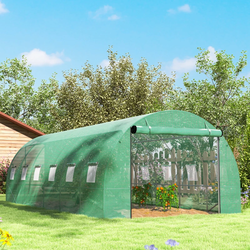 Outsunny Polytunnelkas met kunststofafdekking en stalen frame, begaanbare kastoog met oprolbare deuren, Groen