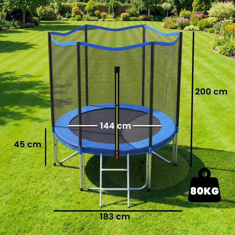 SPORTNOW Cama Elástica Exterior Ø183 cm Trampolim para Crianças com Rede de Segurança Escada e Acolchoamento de Molas Azul