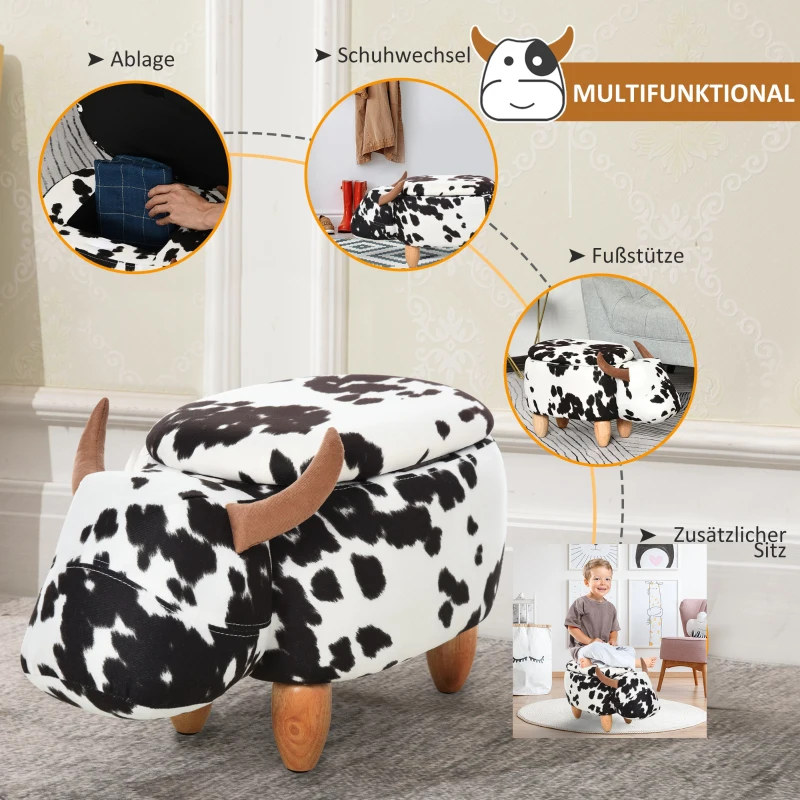 HOMCOM dierenkruk voor kinderen, kinderkruk met opbergruimte, gestoffeerde kruk, zitbank met dierenmotief, voor kinderkamers, varken voetenbank, zwart + wit, 62 x 35 x 36 cm | Aosom.de