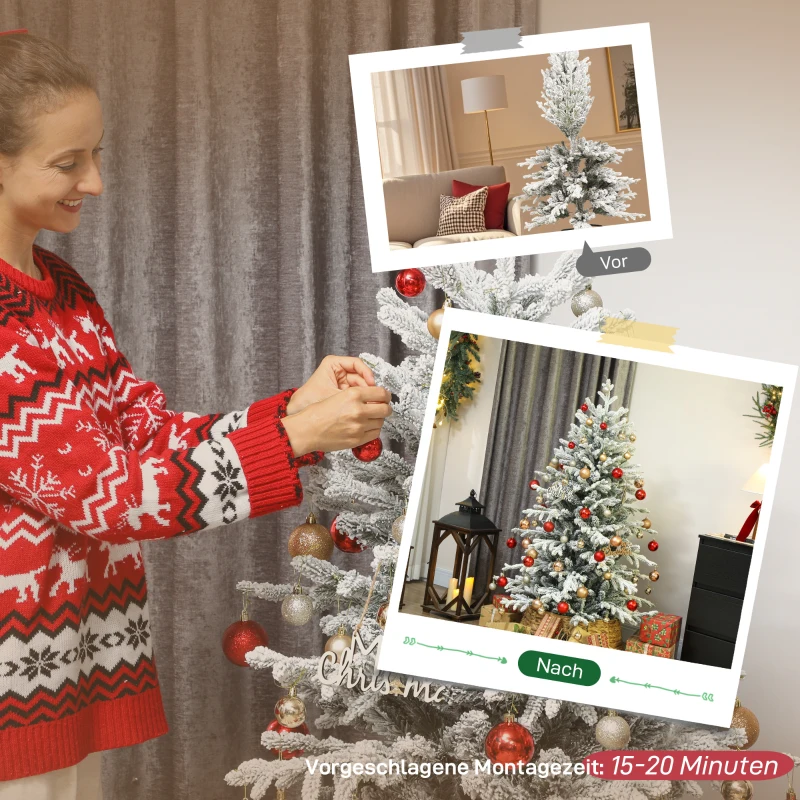 HOMCOM Kunstkerstboom, 150cm kerstboom met sneeuw, 1162 takken, inklapbare metalen standaard