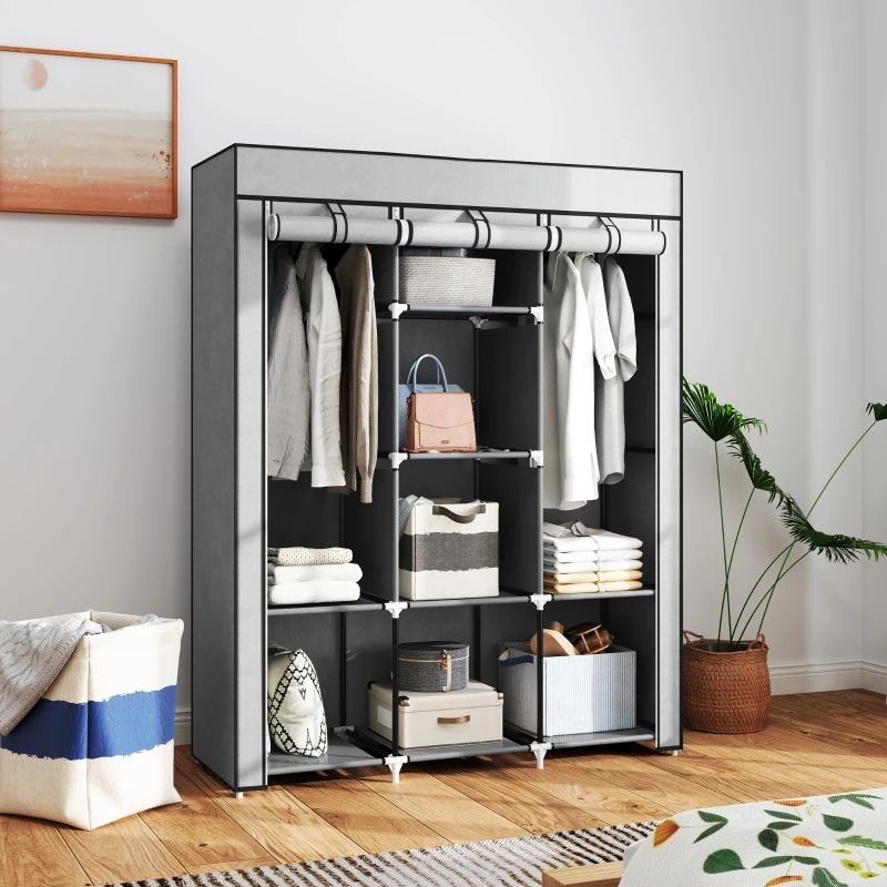HOMCOM Armoire penderie multi-rangement - 8 étagères, 2 barres - non tissé gris clair