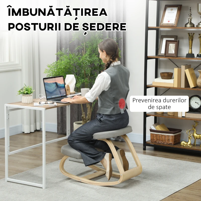 HOMCOM Scaun cu Genunchii cu Mișcare de Balans, din Țesătură și Lemn de Mesteacăn, 50x73x55 cm, Gri