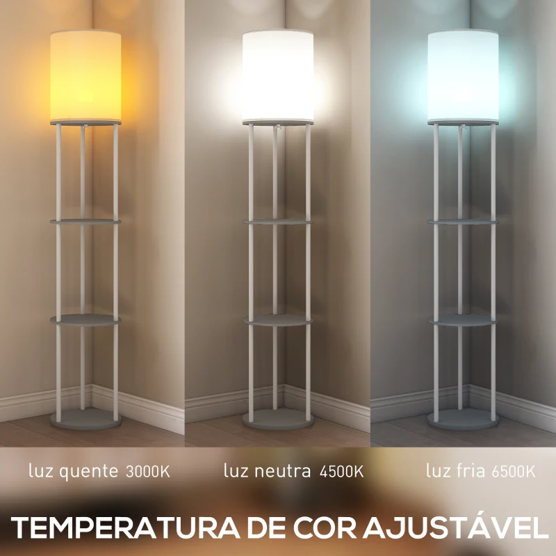 HOMCOM Candeeiro de Pé com Prateleiras 3 Temperaturas de Cor Controlo Remoto e Casquilho E27 Ø29x158 cm Cinzento
