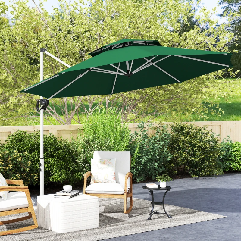 Outsunny Parasol Excéntrico Ø292 cm con Manivela Giro 360° Inclinación Ajustable Doble Techo y Base Cruzada Verde Oscuro