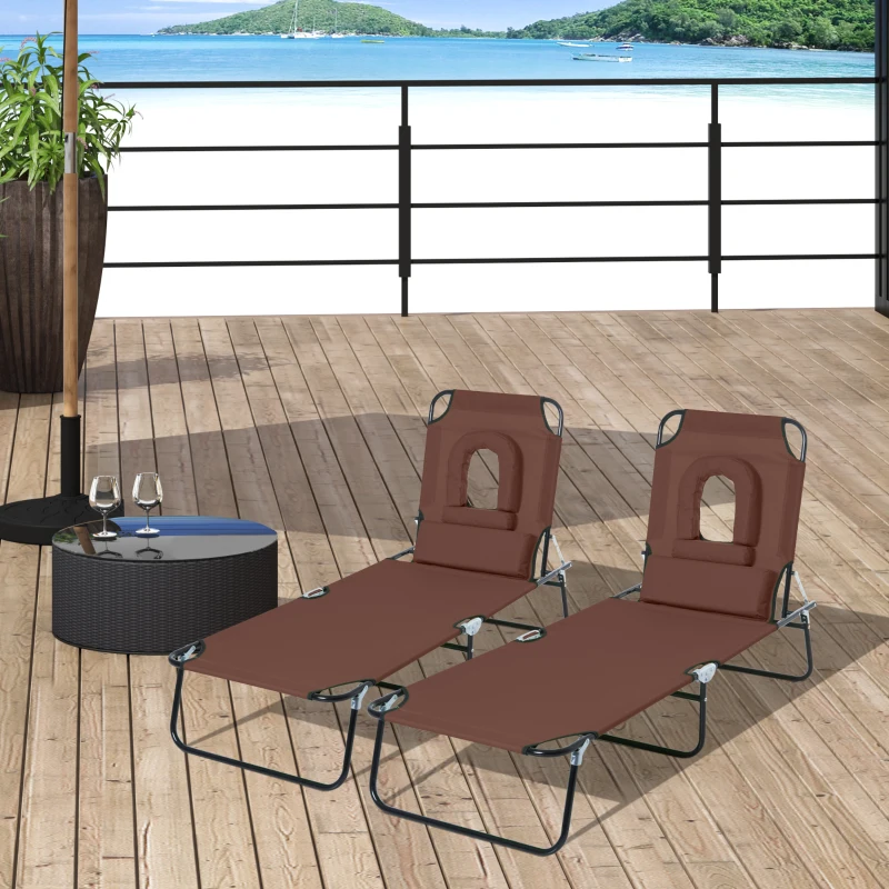 Outsunny Lot de 2 Bains de Soleil Pliable transat inclinable 4 Positions Chaise Longue de Lecture 3 Coussins fournis Marron