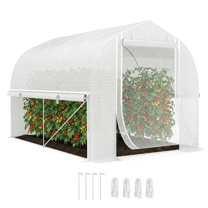 Outsunny 3 x 2 x 2 m polytunnelkas met oprolbare zijwanden, UV-bestendige kunststoffolie en stalen frame, Wit