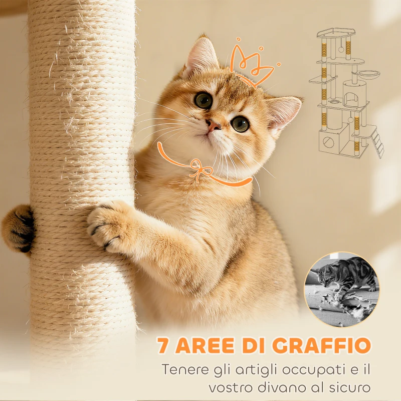 PawHut Albero Tiragraffi per Gatti con 2 Casette, Amaca, Tunnel, e Lettino, Pali in Sisal, 60x40x170 cm, Grigio