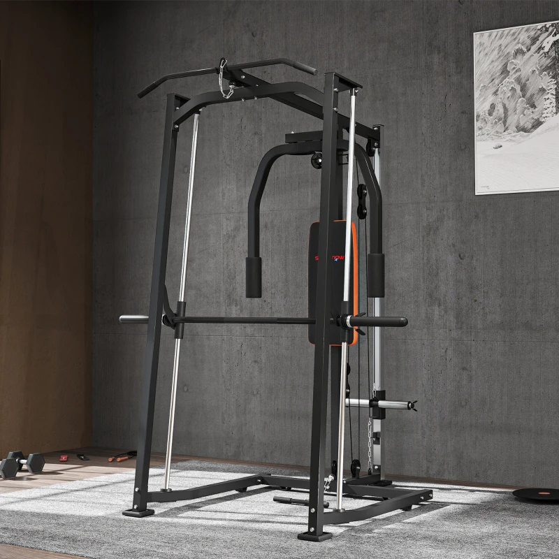 SPORTNOW 3-in-1 Smith Machine with Dual Cable Pulley System, Chest Press Station, 17-Level Squat Rack and Barbell Bar