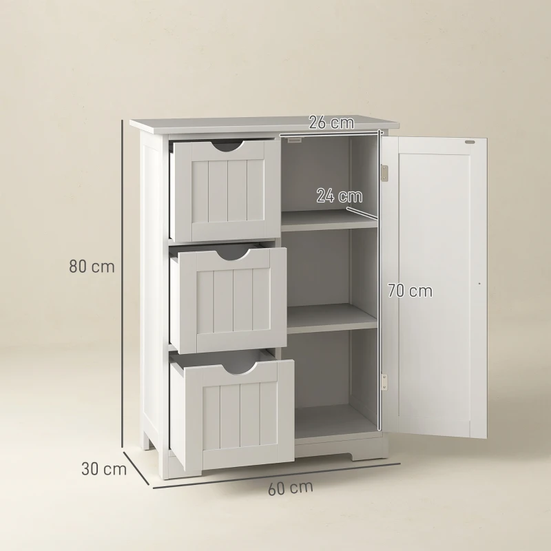 HOMCOM Badkamerkast, Badkamercommode, 3 Laden, Schap, MDF, Wit