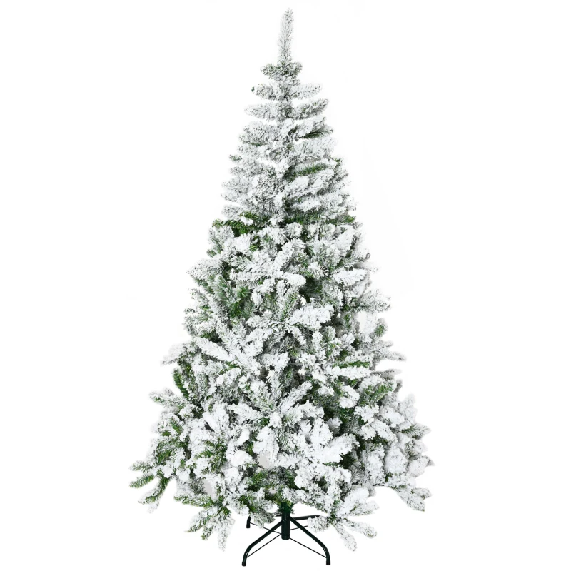 HOMCOM Albero di Natale Innevato Alto 180 cm con 750 Rami Ignifughi e Base in Acciaio, Verde