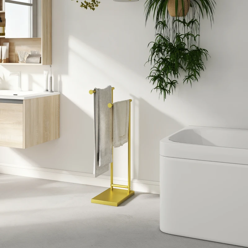 HOMCOM Toalheiro de Pé de 2 Níveis Toalheiro para Casa de Banho com 2 Barras e Estrutura Metálica Estilo Moderno em Forma de L 35,5x20x78 cm Dourado