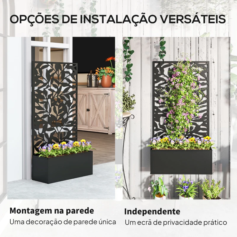 Outsunny Floreira Elevada com Painel de Privacidade de Folhas Decorativas de Metal e Opção de Montagem na Parede 61x23x113 cm Preto