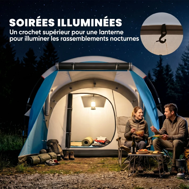 Outsunny Tente de camping familiale 3 personnes, tente tunnel imperméable, 2 portes fenêtres, ventilée 4,6 x 2,6 x 1,9 m, bleu