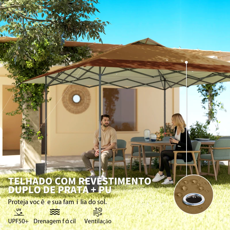Outsunny Tenda Dobrável Pop-up 4x4 m com Bloqueio Central UPF50+ Altura Ajustável Sacos de Areia e Bolsa com Rodas Bege e Castanho