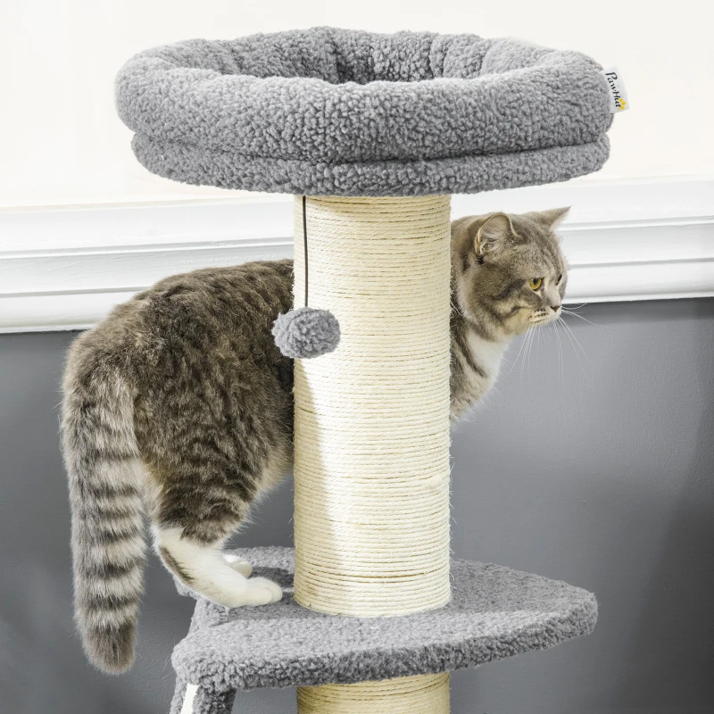 PawHut kattenboom, een platform, hangende speelgoedbal, sisal, donkergrijs+roomwit, 48 x 48 x 92 cm