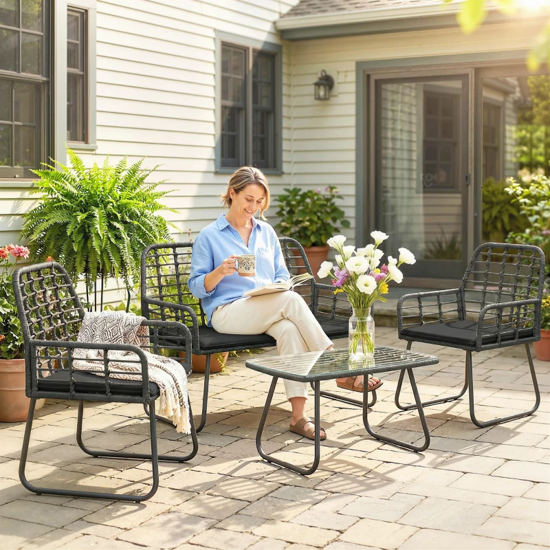 Outsunny 4 Piece Rattan Garden Furniture Set, Outdoor Patio Furniture with Loveseat, Armchairs and Coffee Table