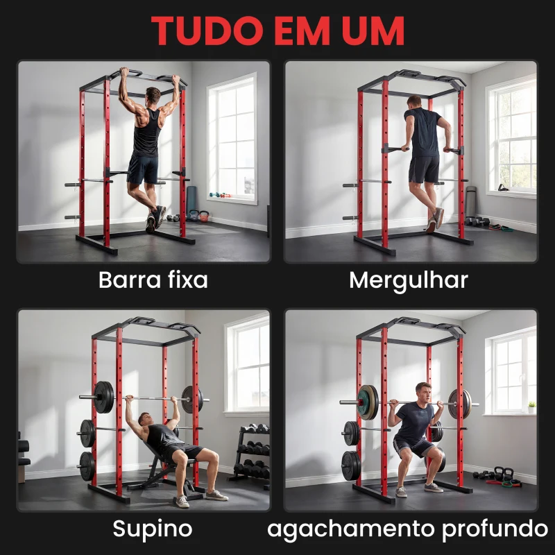 SPORTNOW Jaula de Potência Rack de Agachamentos com Barra de Elevações Estação de Paralelas Ajustável para Casa Ginásio Carga 460 kg