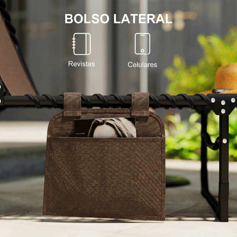 Outsunny Espreguiçadeira Dobrável de Jardim com Encosto Ajustável Apoio para Cabeça Acolchoado Bolso Lateral 185x58x30 cm Marrom