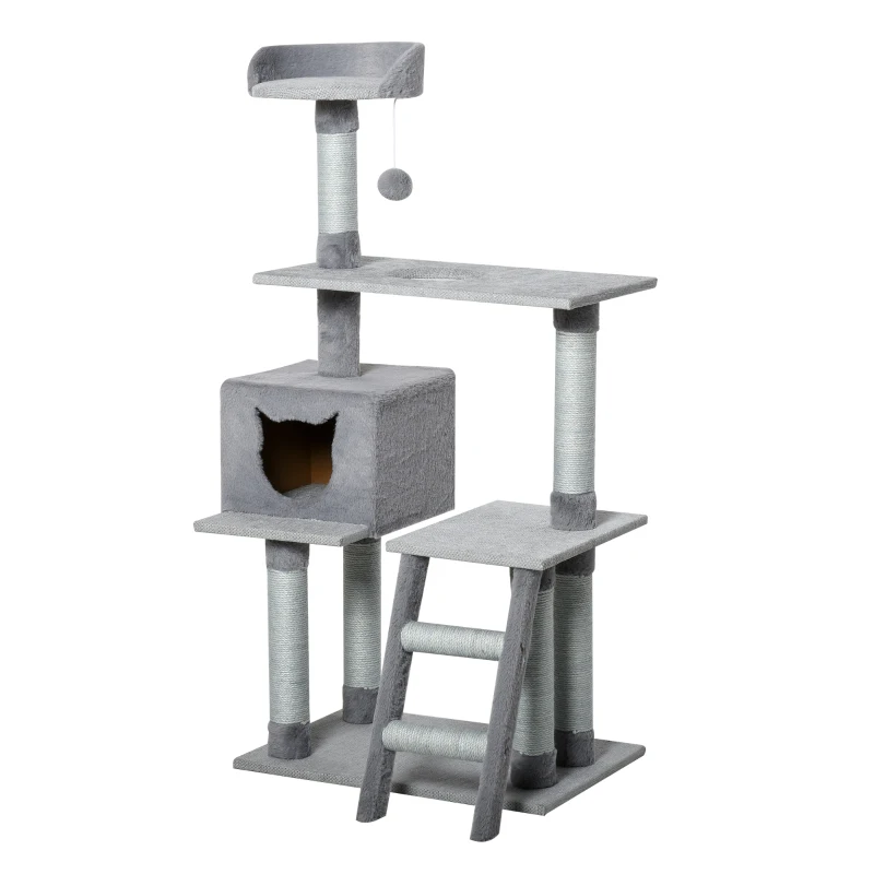 PawHut Tiragraffi Palestra per Gatti Multilivello con Casetta Scala Piattaforme, Pali in Corda di Juta, Grigio, 60.5x40x124cm