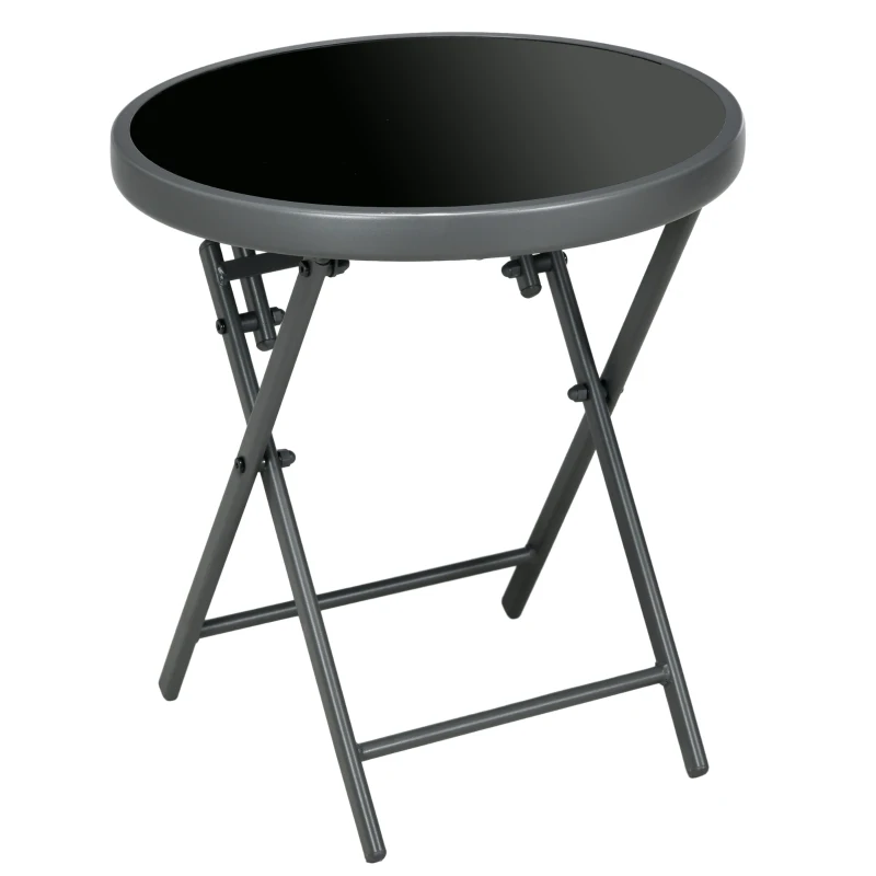 Outsunny Φ45cm Garden Side Table, Outdoor Round Folding Patio Table with Imitation Marble Glass Top, Small Coffee Table, Black