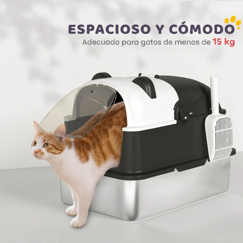 PawHut Arenero para Gatos Grandes Cubierto XL de Acero Inoxidable con Tapa Abatible Pala Bolsa Desodorante Diseño Panda Negro