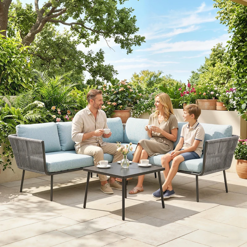 Outsunny Conjunto de Móveis de Jardim em Ratã Sofá de Canto com Almofadas e Mesa de Centro para Terraço Exterior Azul Claro