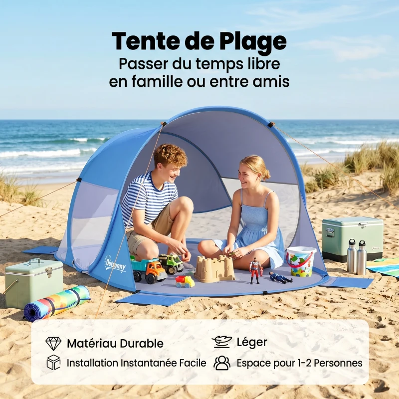 Outsunny Abri de plage tente de plage pliable pop-up automatique instantané protection UV fenêtre arrière grand tapis de sol bleu ciel