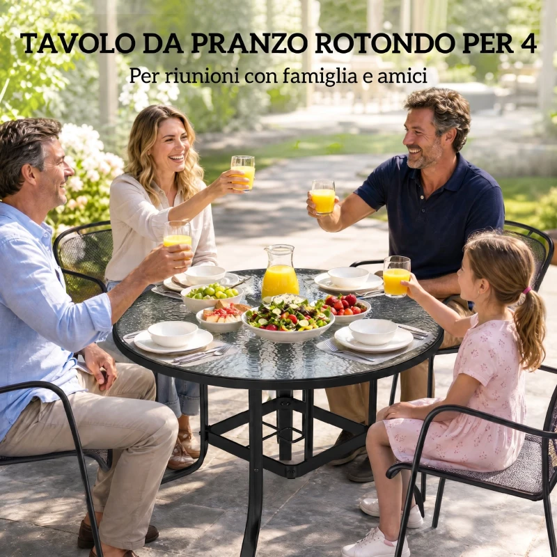 Outsunny Tavolino da Giardino Rotondo con Foro per Ombrellone, in Metallo e Vetro Temperato, Ø96.5x71 cm, Nero