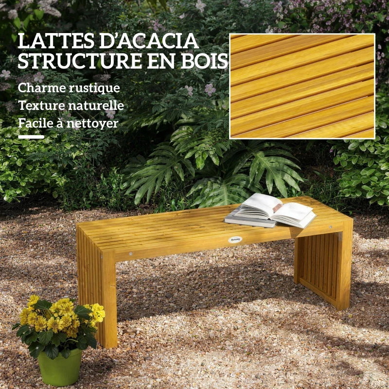 Outsunny Banc de Jardin en Bois d'Acacia sans Dossier 2 Places, Assise à Lattes Effet Bois, 110x30x45cm, Bois naturel