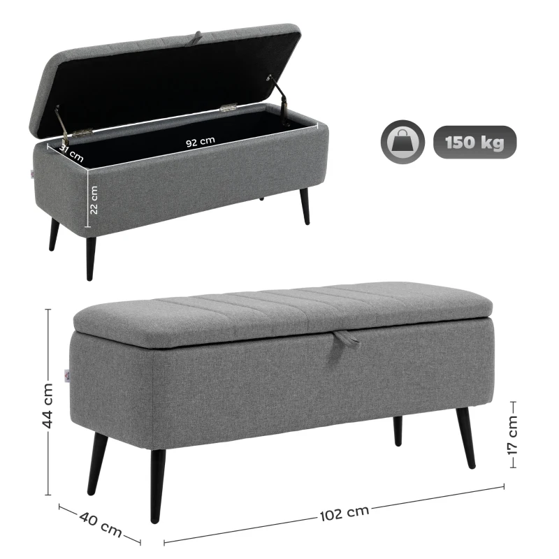 HOMCOM Zitbank met Opbergruimte, Gestoffeerde Bank met Linnenlook, Opbergbank met Stalen Poten 102 x 40 x 44 cm, Grijs