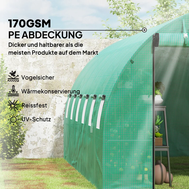 Outsunny Polytunnelkas met kunststofafdekking en stalen frame, begaanbare kastoog met oprolbare deuren, Groen