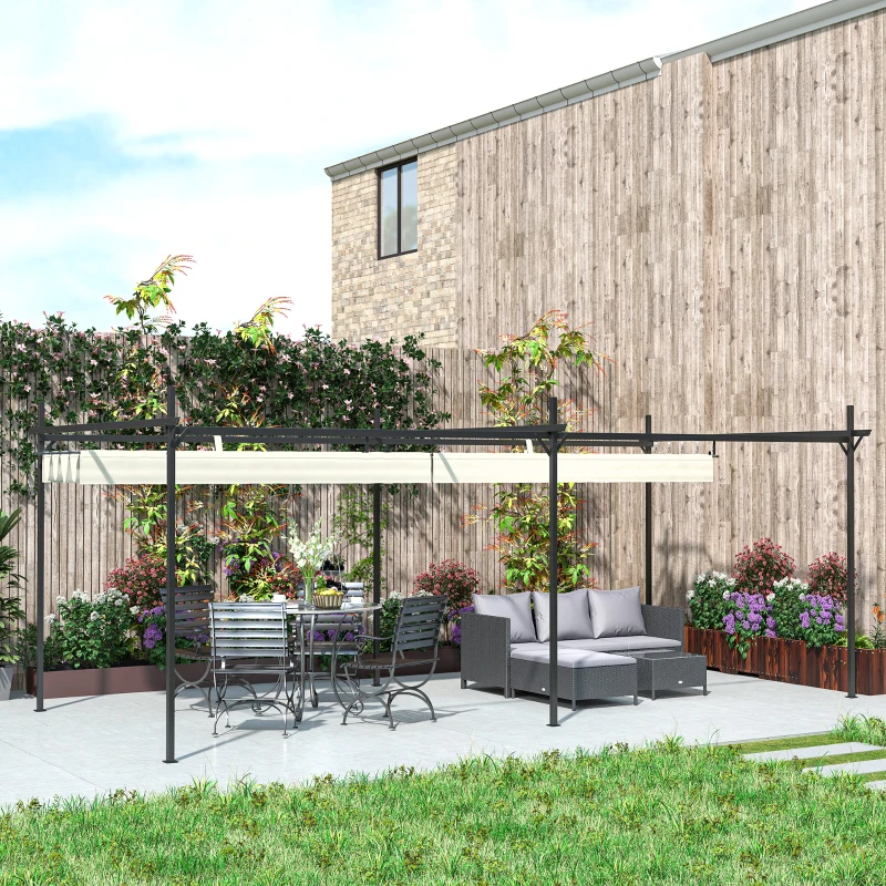 Outsunny Pérgola com Teto Retrátil de Alumínio 588x297x230 cm Pérgola com Tecido de Poliéster Anti UV Pérgola de Jardim Creme