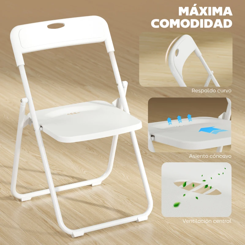 HOMCOM Juego de 6 Sillas Plegables de Plástico con Respaldo Curvo Diseño Ventilación Estructura de Acero 48,5x47x75 cm Blanco