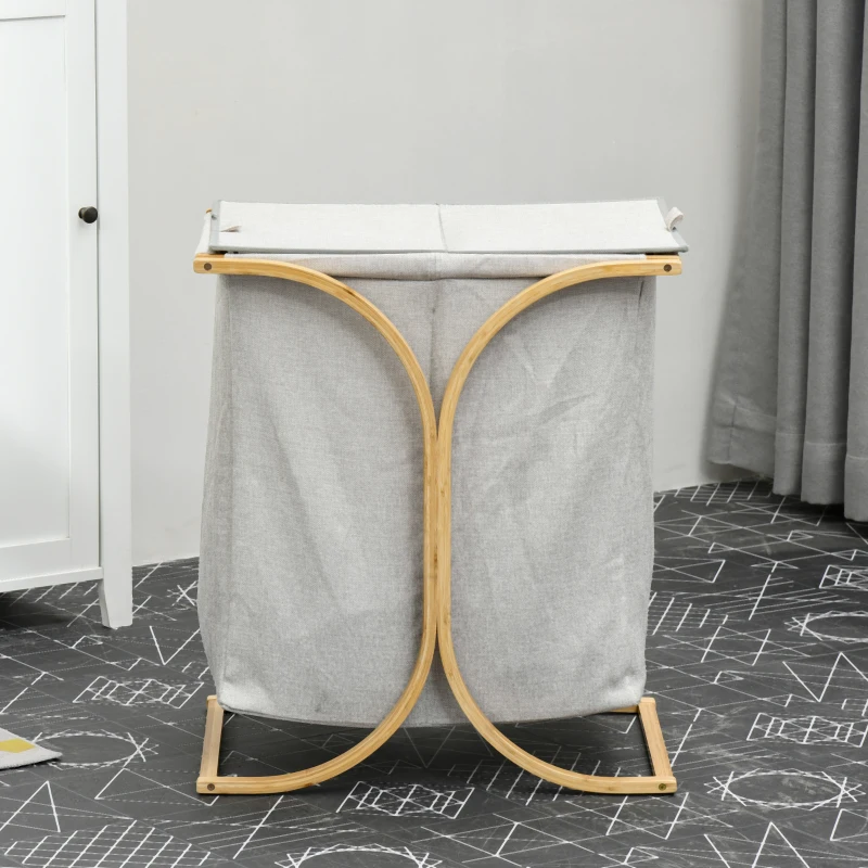 HOMCOM Coș pentru rufe cu 2 compartimente, capac din bambus și poliester, 55x40x62 cm, gri și culoare lemn