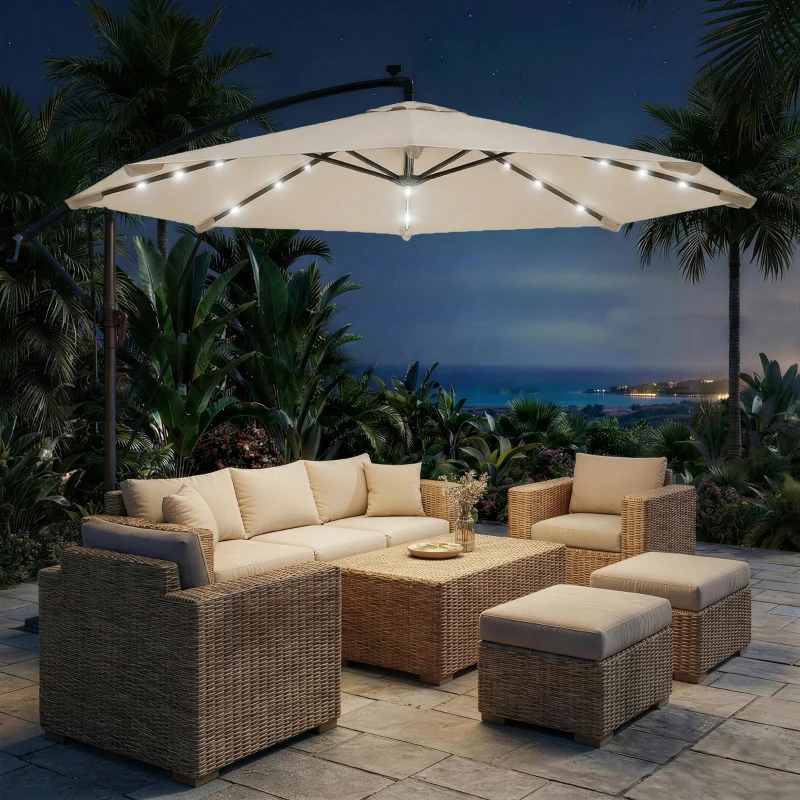 Outsunny 3 m Cantilever Parasol with Solar LED Lights Garden Umbrella with Cross Base, Cream White