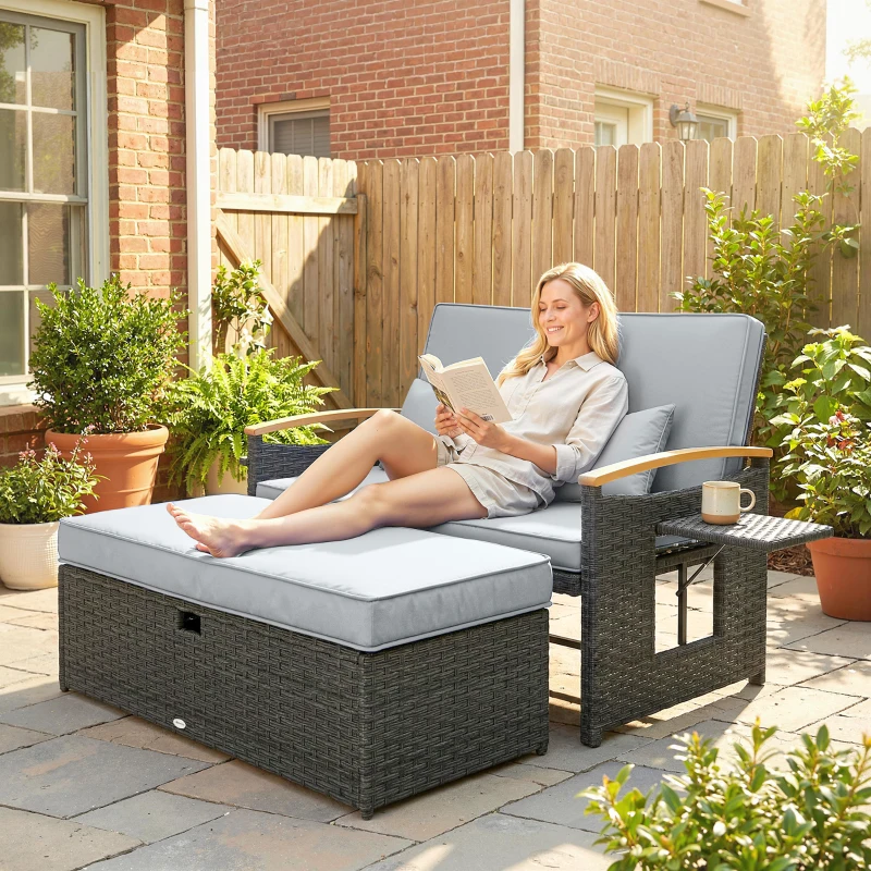 Outsunny Double Garden Rattan Daybed, Wicker Sun Bed Chaise Lounger with Storage Ottoman, 4-Level Adjustable Backrest, Dark Grey