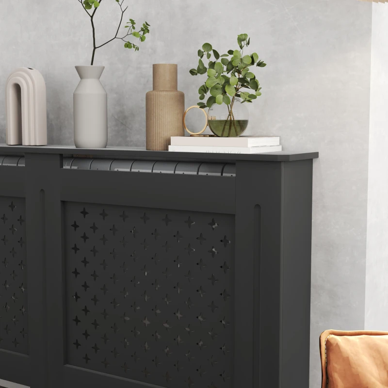 HOMCOM Masca pentru calorifere din lemn MDF, traforată cu model cruciulițe, cu raft și fixare pe perete, 152x19x82 cm, negru(m-8)
