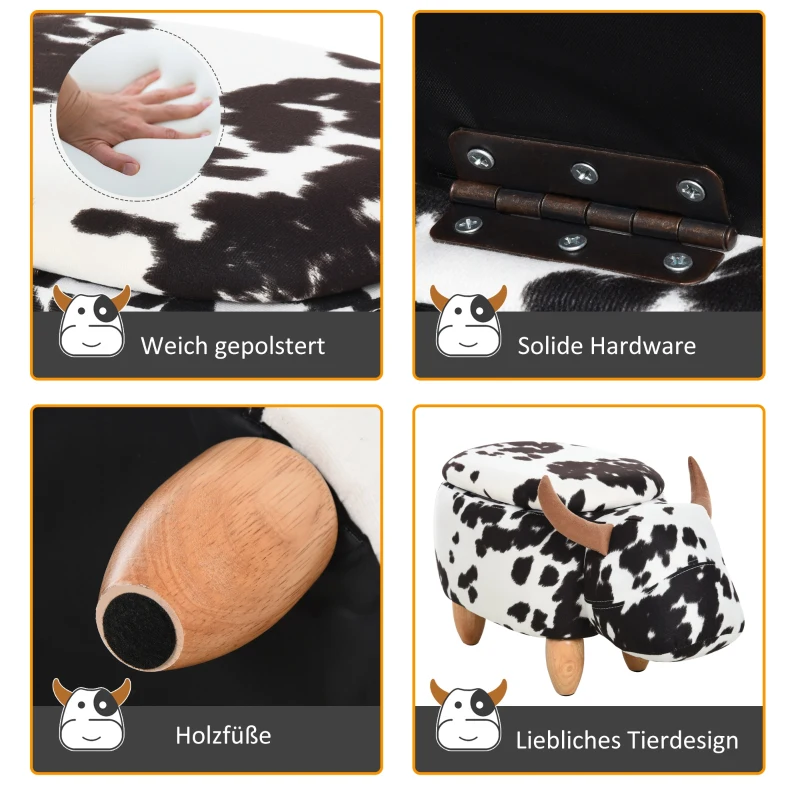 HOMCOM dierenkruk voor kinderen, kinderkruk met opbergruimte, gestoffeerde kruk, zitbank met dierenmotief, voor kinderkamers, varken voetenbank, zwart + wit, 62 x 35 x 36 cm | Aosom.de