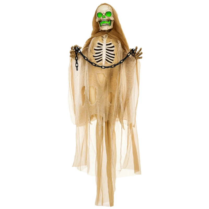 HOMCOM Halloween Decoratie, Hangend Skelet, Lichtgevende Kop, Griezelig Huilen, Buigzame Armen, Kaki(m-10)