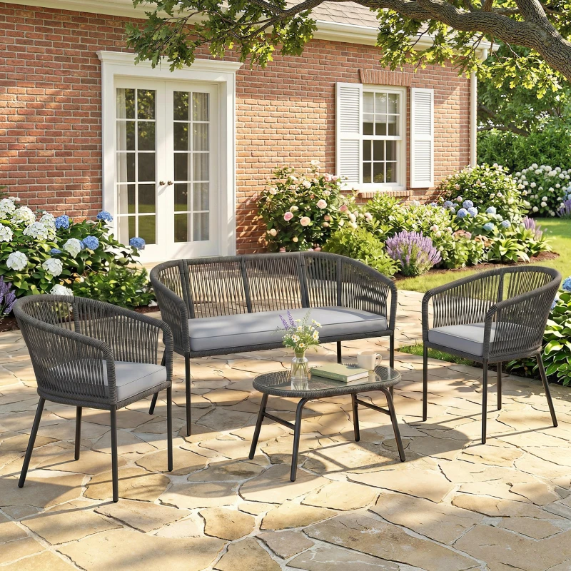 Outsunny 4 Piece Garden Furniture Set, Rope Garden Sofa Set with 1 Loveseat 2 Chairs Tempered Glass Table Cushions, Dark Grey