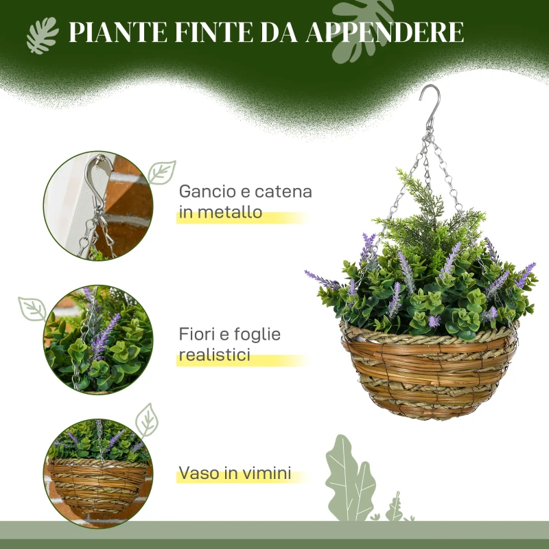 Outsunny Set 2 Piante Finte di Lavanda con Vaso e Gancio, in PE e Vimini, Ø25x34 cm, Verde e Viola