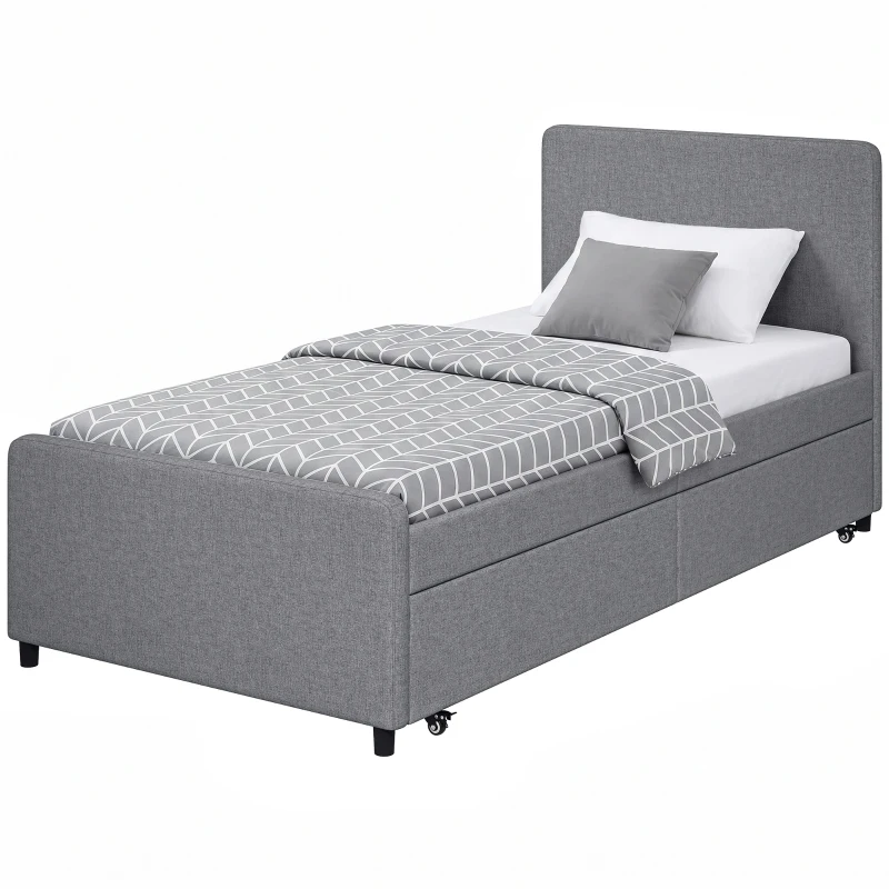 HOMCOM 3ft Single Bed Frame with Trundle, Upholstered Pull Out Trundle Bed with Headboard and Footboard, Dark Grey