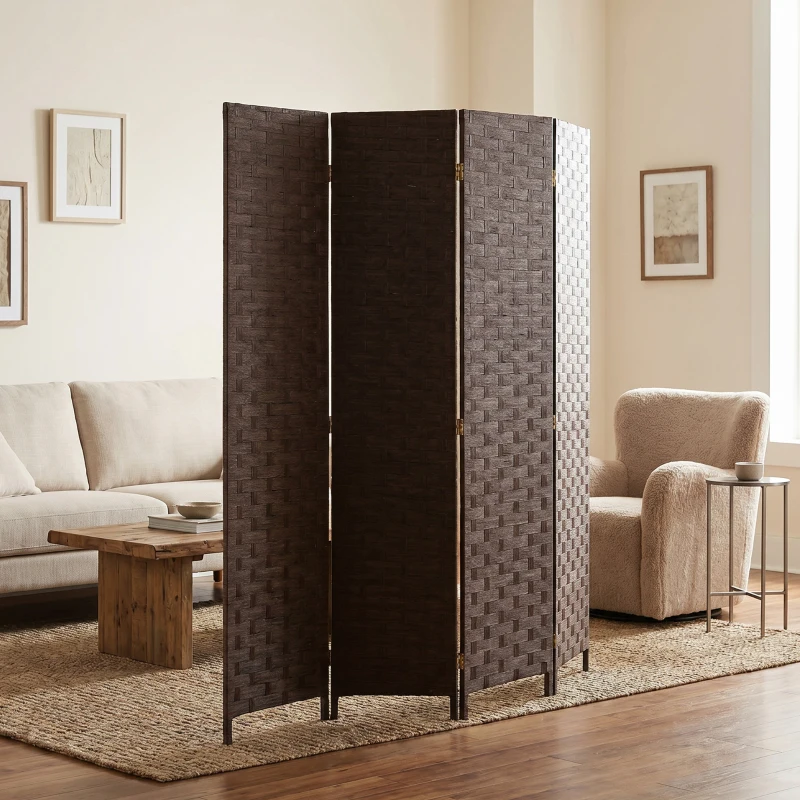 HOMCOM Wave Fibre Freestanding Folding Privacy Screen Panels, Room Divider, Dark Brown
