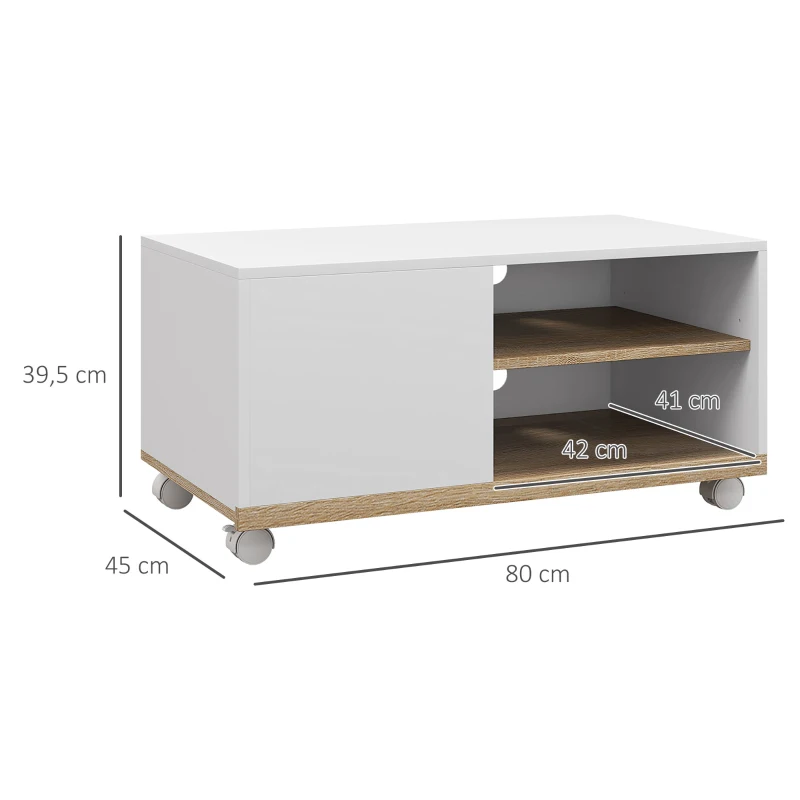 HOMCOM Meuble TV sur roulettes avec 2 Freins - 2 niches + Placard Porte 2 Passe-Fil - en bois Blanc chêne Clair
