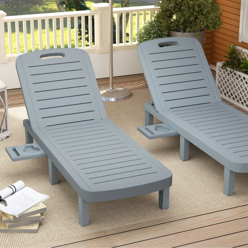 Outsunny Set 2 Lettini Prendisole con Schienale Regolabile e Vassoi, in Polipropilene, 62x158x88 cm, Grigio Scuro