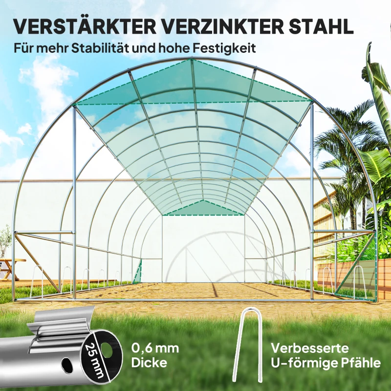 Outsunny Polytunnelkas met kunststofafdekking en stalen frame, begaanbare kastoog met oprolbare deuren, Groen