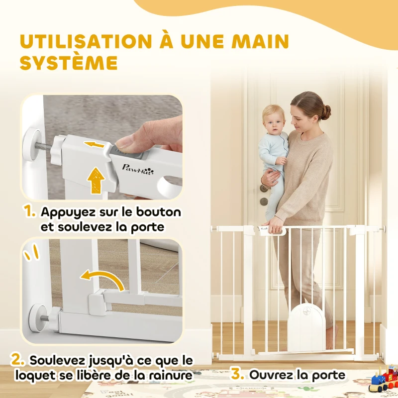 PawHut Barrière de sécurité animaux avec porte fermeture automatique système de double verrouillage, acier blanc