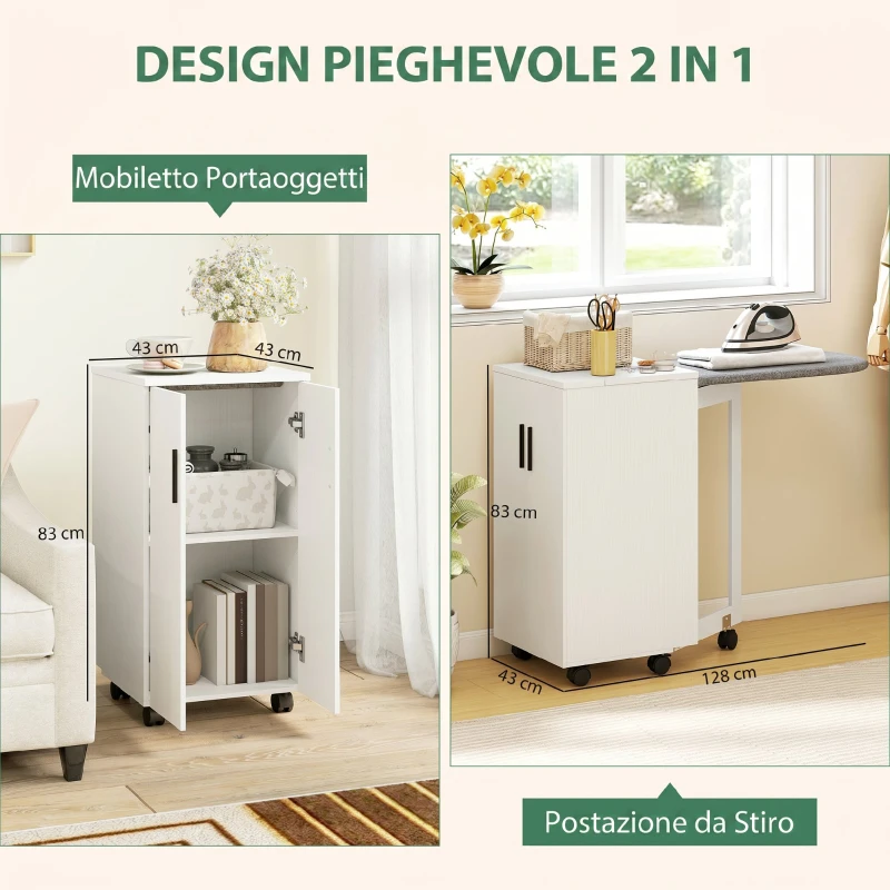 HOMCOM Mobile Stiro Pieghevole a Ruote con Mensola Regolabile e Chiusura Morbida, in Legno e Tessuto, 128x43x83 cm, Bianco