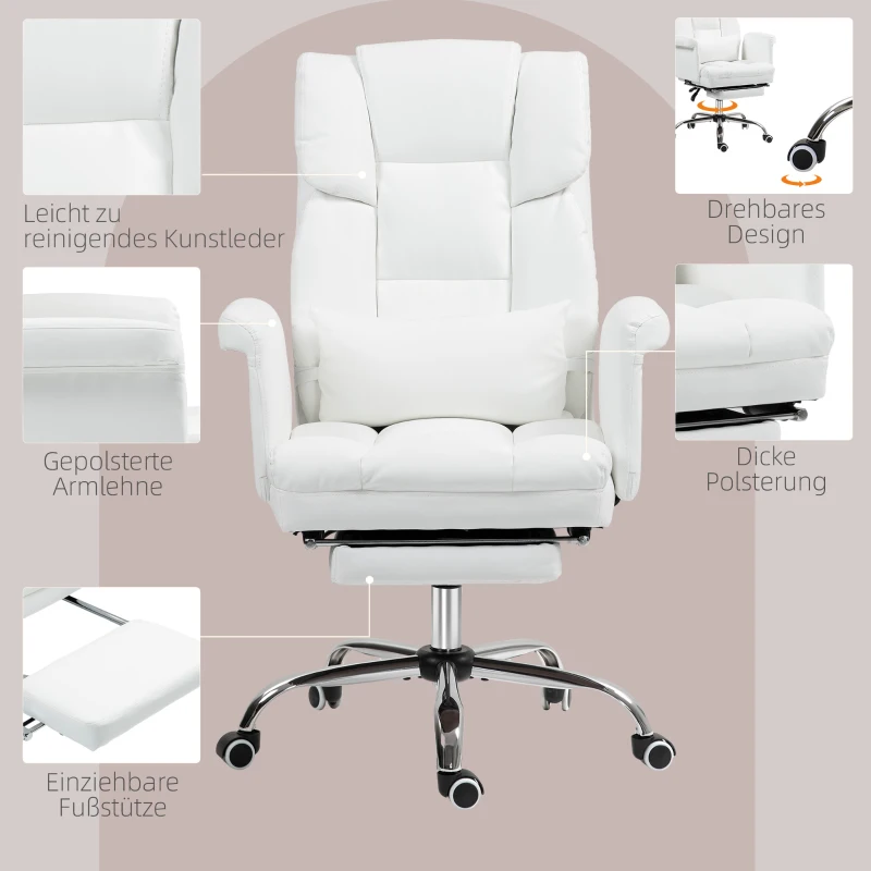 HOMCOM Ergonomische bureaustoel, in hoogte verstelbaar 48-56 cm, kantelbare rugleuning, voetensteun, wit(m-5)